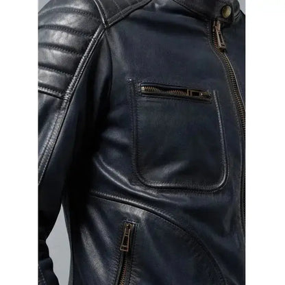 Men's Navy Blue Sheepskin Leather Biker Jacket