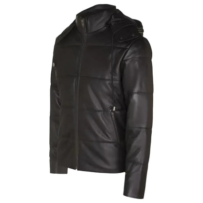 Men’s Distressed Black Leather Hooded Puffer Jacket