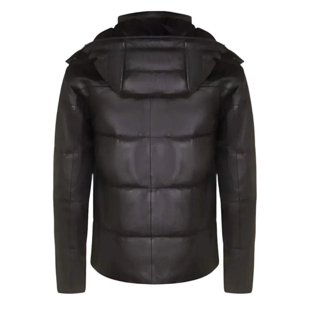 Men’s Distressed Black Leather Hooded Puffer Jacket