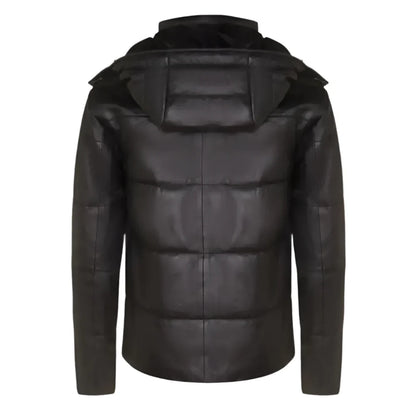 Men’s Distressed Black Leather Hooded Puffer Jacket