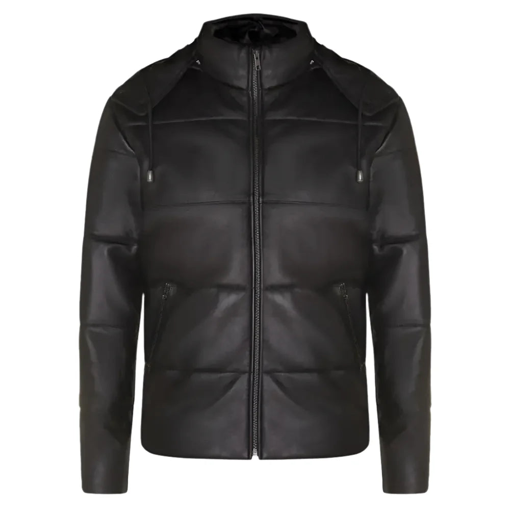Men’s Distressed Black Leather Hooded Puffer Jacket