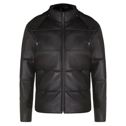 Men’s Distressed Black Leather Hooded Puffer Jacket