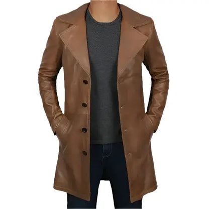 Men’s Distressed Brown Leather Winter Trench Coat