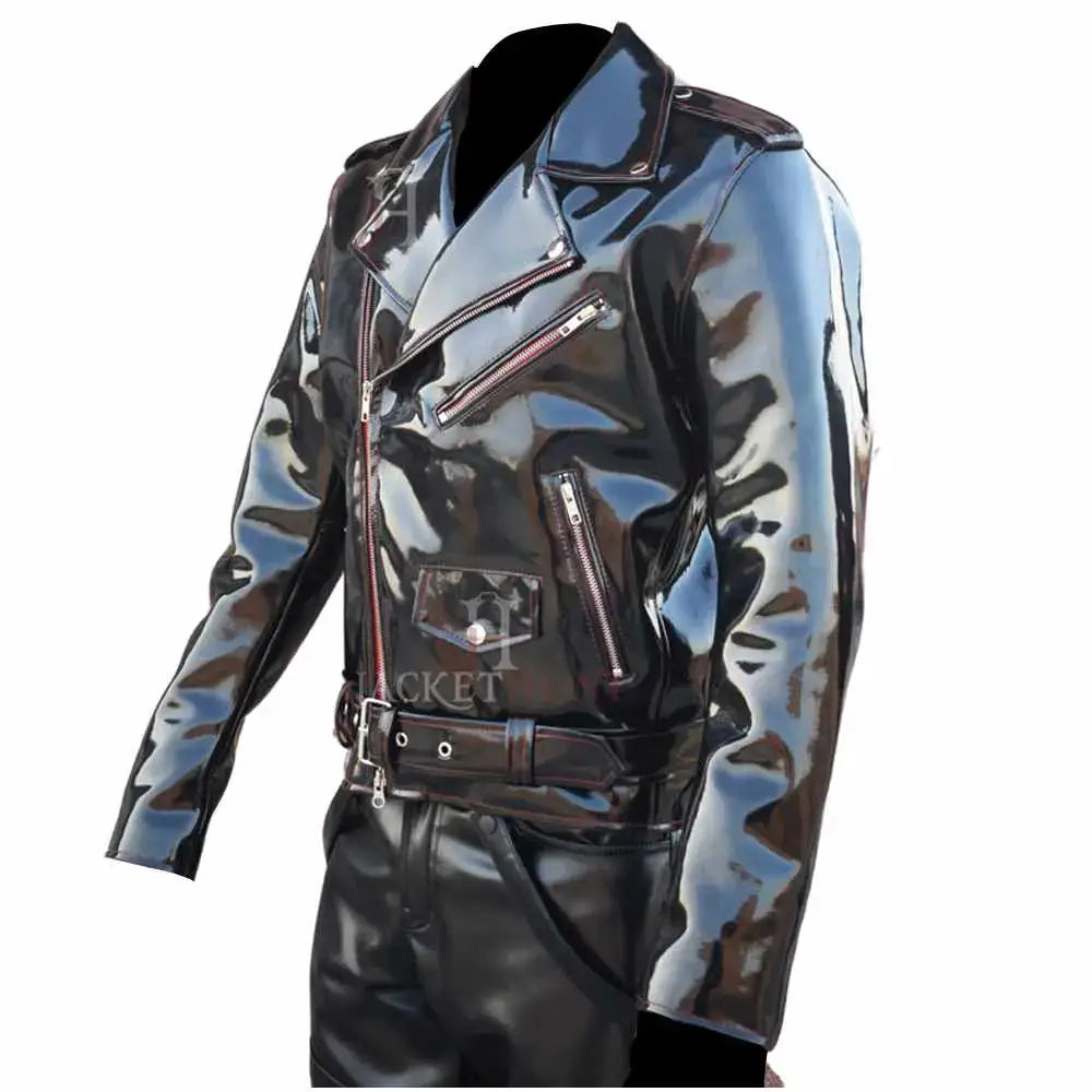 Men's EMO Vinyl Biker Jacket with Gothic Red Stitching