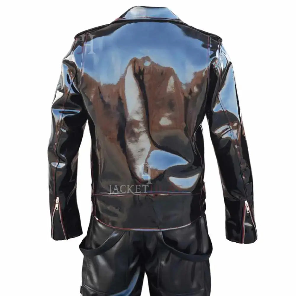 Men's EMO Vinyl Biker Jacket with Gothic Red Stitching