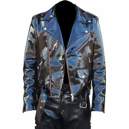 Men's EMO Vinyl Biker Jacket with Gothic Red Stitching