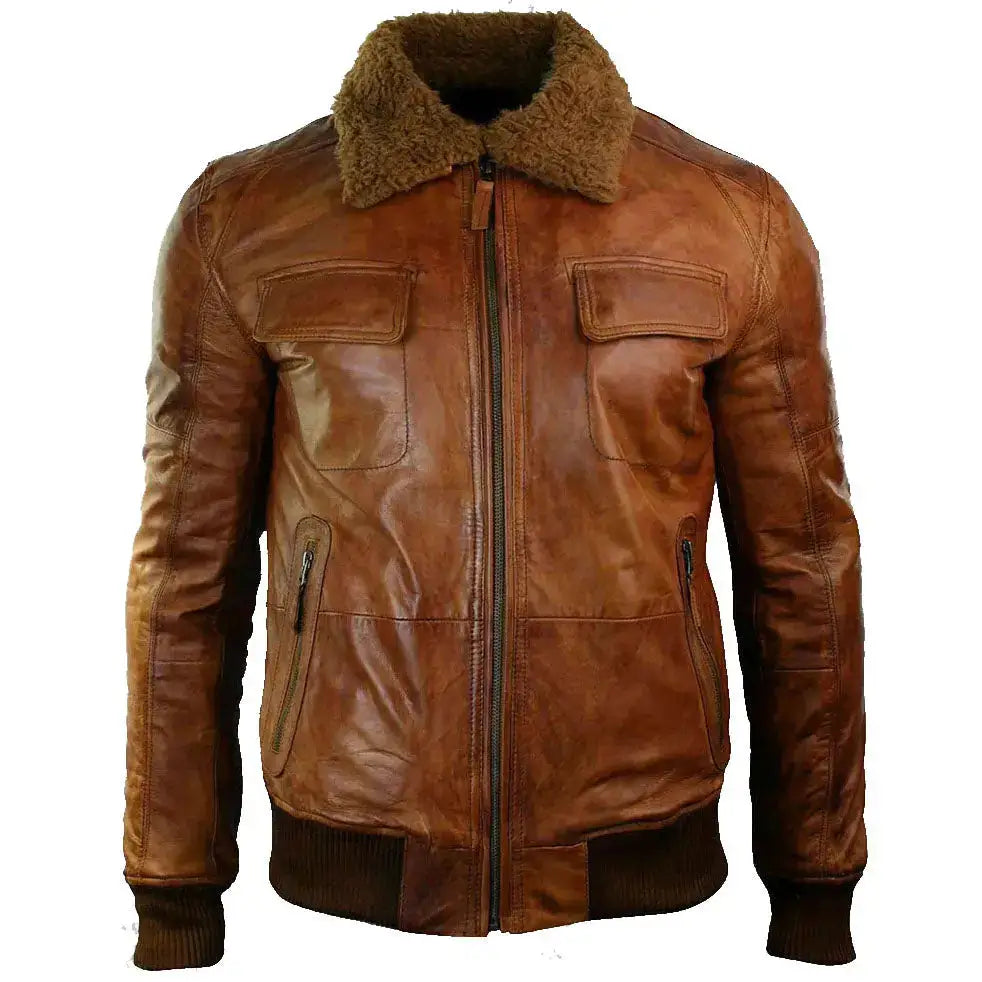 Mens Leather Jacket with Fur Collar