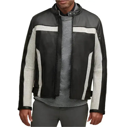 Mens Genuine Leather Color Blocked Biker Jacket