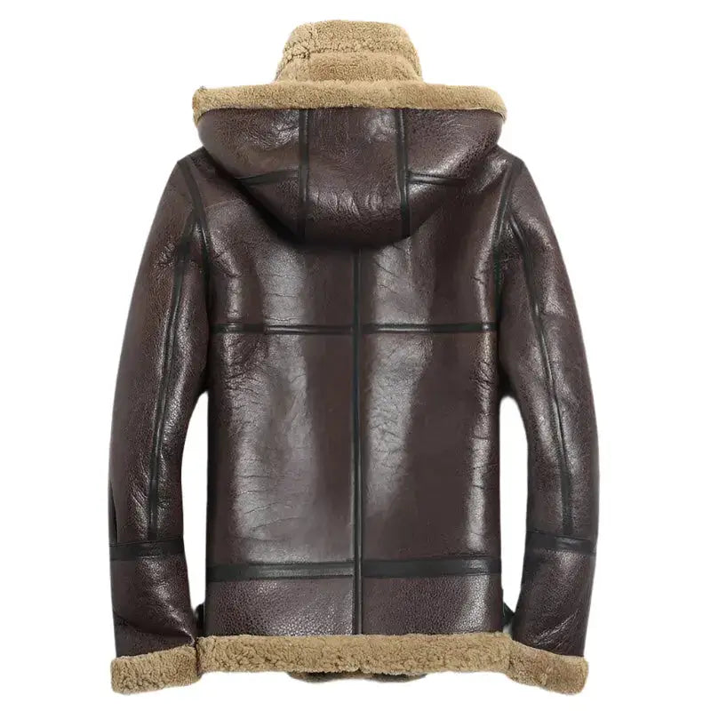 Men’s Hooded Brown Shearling Aviator Jacket – B-3 Sheepskin Coat