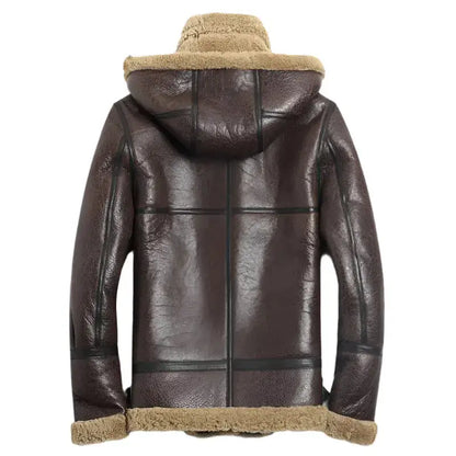 Men’s Hooded Brown Shearling Aviator Jacket – B-3 Sheepskin Coat