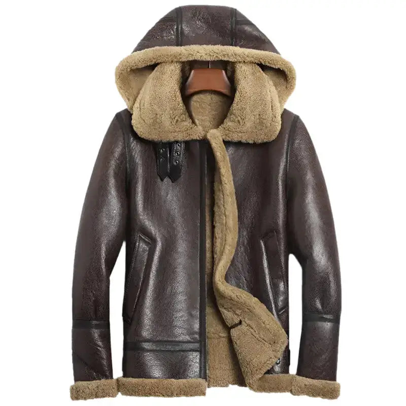 Men’s Hooded Brown Shearling Aviator Jacket – B-3 Sheepskin Coat