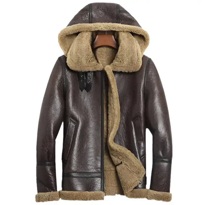 Men’s Hooded Brown Shearling Aviator Jacket – B-3 Sheepskin Coat