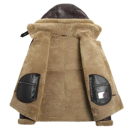 Men’s Hooded Brown Shearling Aviator Jacket – B-3 Sheepskin Coat