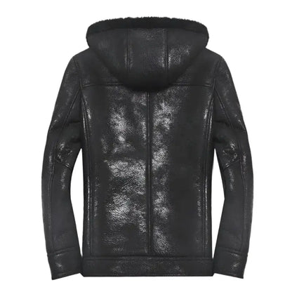 Men's Hooded Sheepskin Winter Coat with Faux Fur