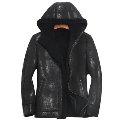 Men's Hooded Sheepskin Winter Coat with Faux Fur