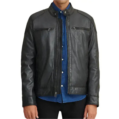 Men’s Leather Motorcycle Jacket with Shoulder Patches
