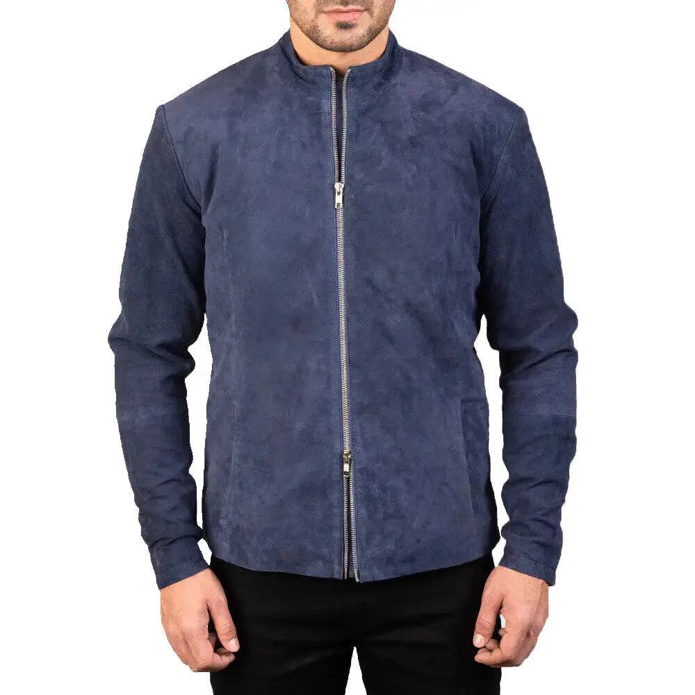 Men’s Navy Blue Suede Biker Jacket
