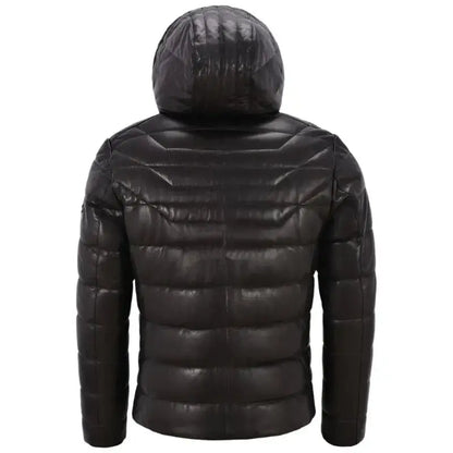 Men’s Leather Puffer Hooded Jacket