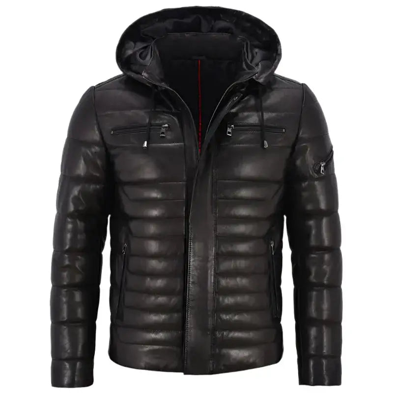 Men’s Leather Puffer Hooded Jacket