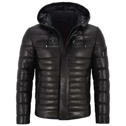 Men’s Leather Puffer Hooded Jacket