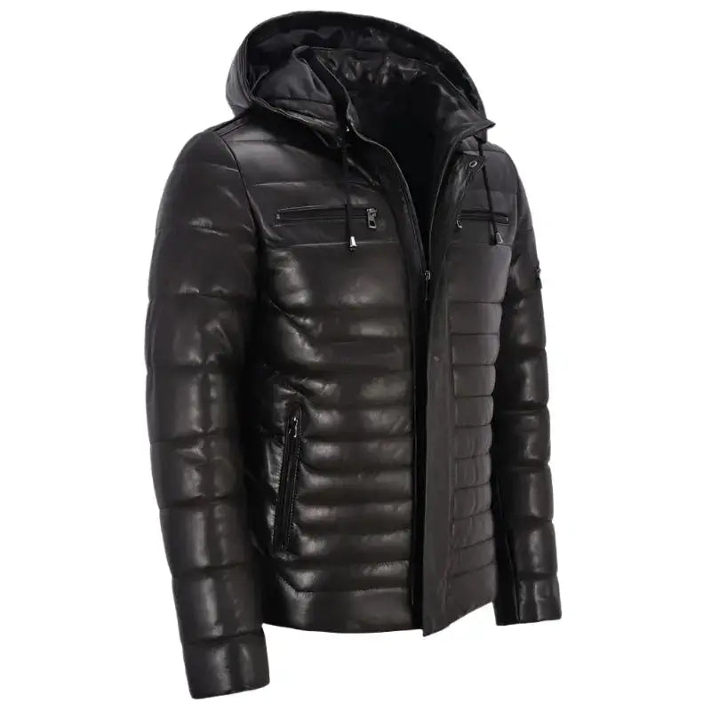 Men’s Leather Puffer Hooded Jacket