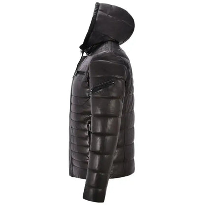 Men’s Leather Puffer Hooded Jacket
