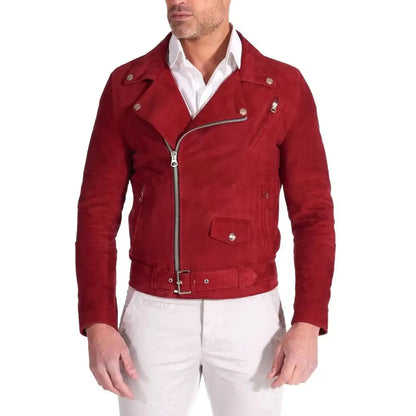 Men’s Red Suede Leather Biker Jacket – Slim Fit