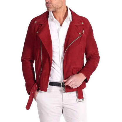 Men’s Red Suede Leather Biker Jacket – Slim Fit