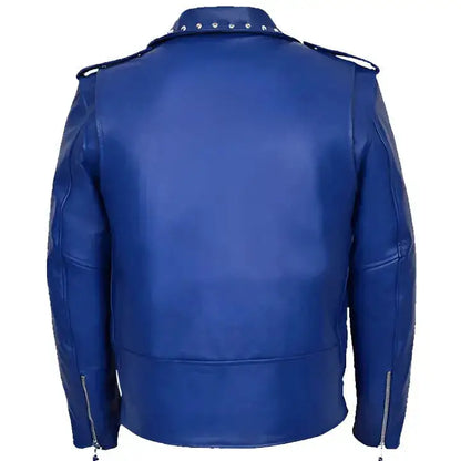 Men’s Studded Blue Leather Biker Jacket