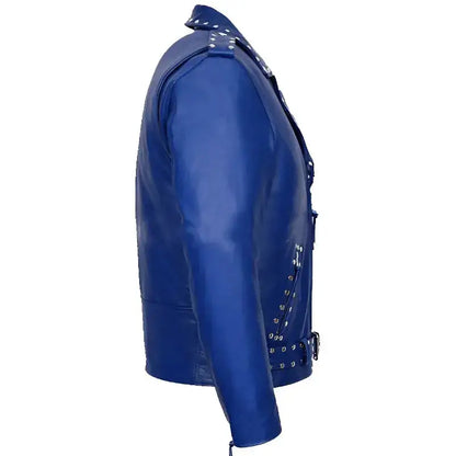 Men’s Studded Blue Leather Biker Jacket