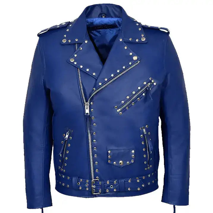 Men’s Studded Blue Leather Biker Jacket