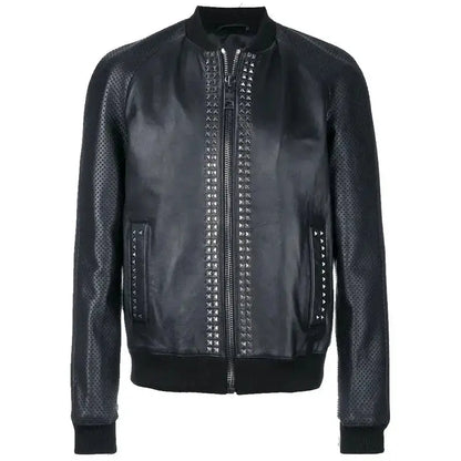 Men’s Studded Leather Bomber Jacket