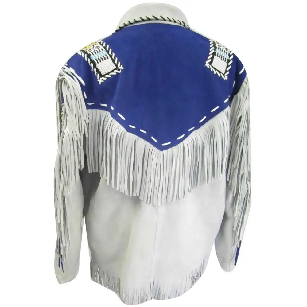 Men’s White and Blue Suede Leather Cowboy Coat with Fringe