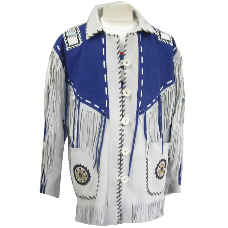 Men’s White and Blue Suede Leather Cowboy Coat with Fringe