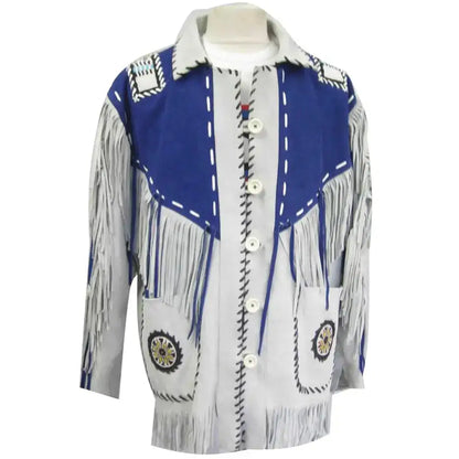Men’s White and Blue Suede Leather Cowboy Coat with Fringe