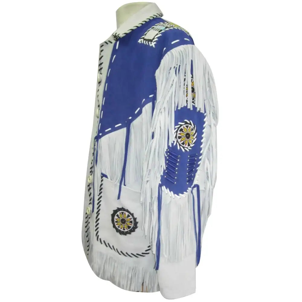 Men’s White and Blue Suede Leather Cowboy Coat with Fringe