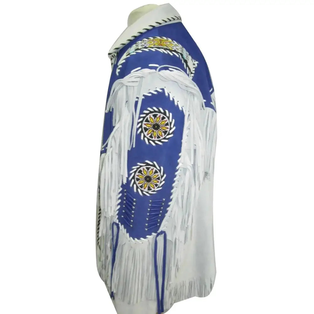 Men’s White and Blue Suede Leather Cowboy Coat with Fringe