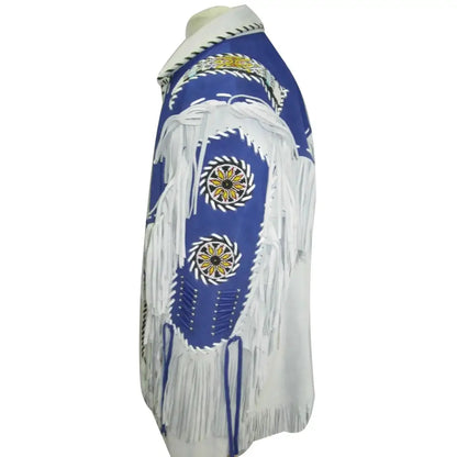 Men’s White and Blue Suede Leather Cowboy Coat with Fringe