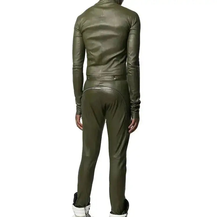 Men’s Black Zipper Lambskin Leather Jumpsuit