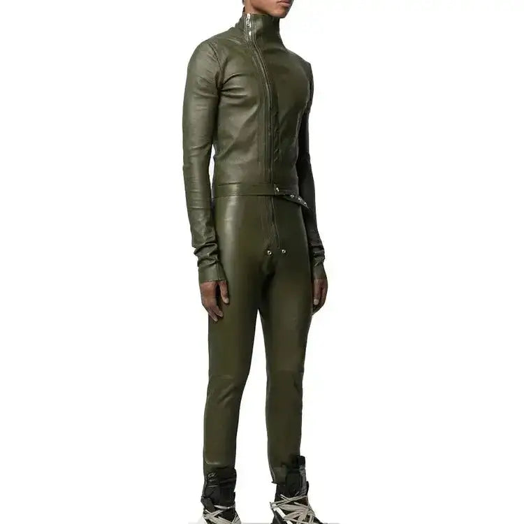 Men’s Black Zipper Lambskin Leather Jumpsuit