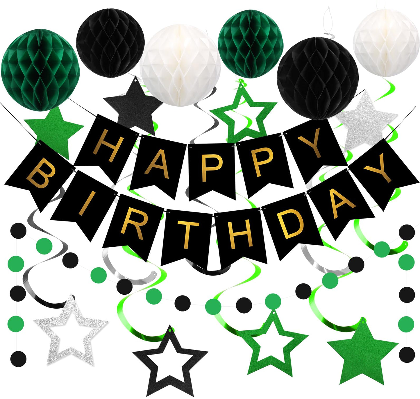 Meowtastic Birthday Decorations — Happy Birthday Banner, Honeycomb Balls, Star Swirl Streamers, Circle Dots (Green & Black)