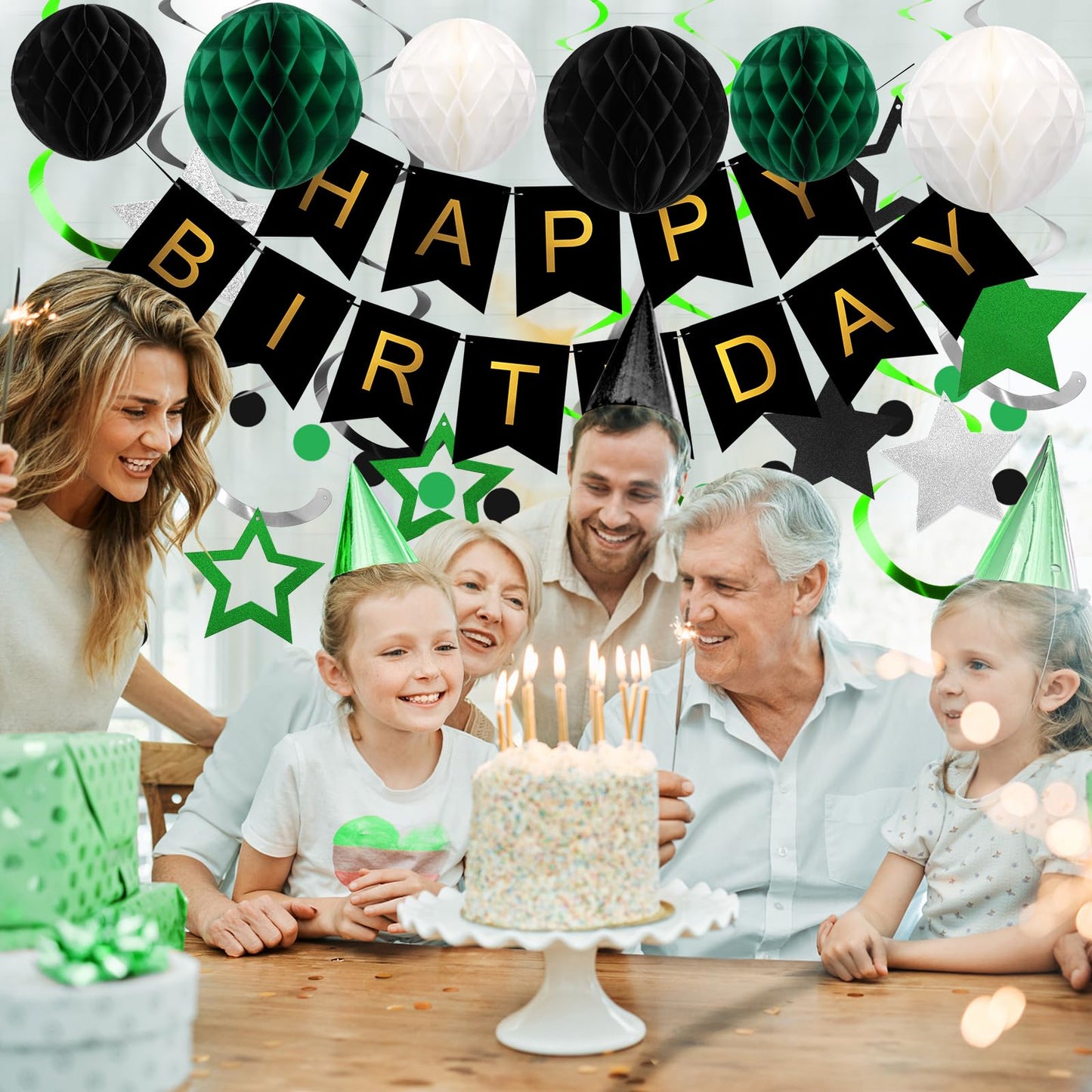 Meowtastic Birthday Decorations — Happy Birthday Banner, Honeycomb Balls, Star Swirl Streamers, Circle Dots (Green & Black)
