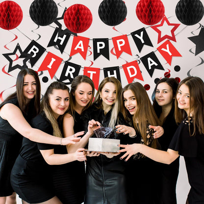 Meowtastic Birthday Decorations - Banner, Honeycomb Balls, Star Streamers & Dots Garland (Red & Black)