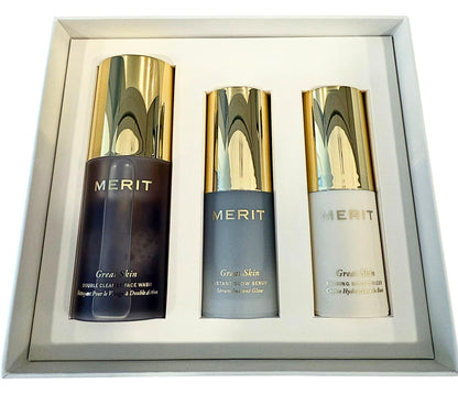 MERIT Mini Great Skin Trio – Limited Edition Travel-Size Skincare Set (Double Cleanse, Instant Glow Serum, Priming Moisturizer)