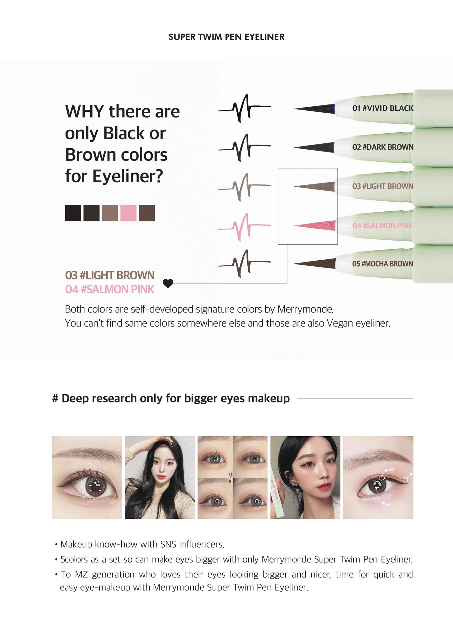 Merrymonde Multicolor Super Slim Eyeliner – Vegan, Ultra-Fine Tip, Waterproof, Mocha Brown | Korean K-Beauty