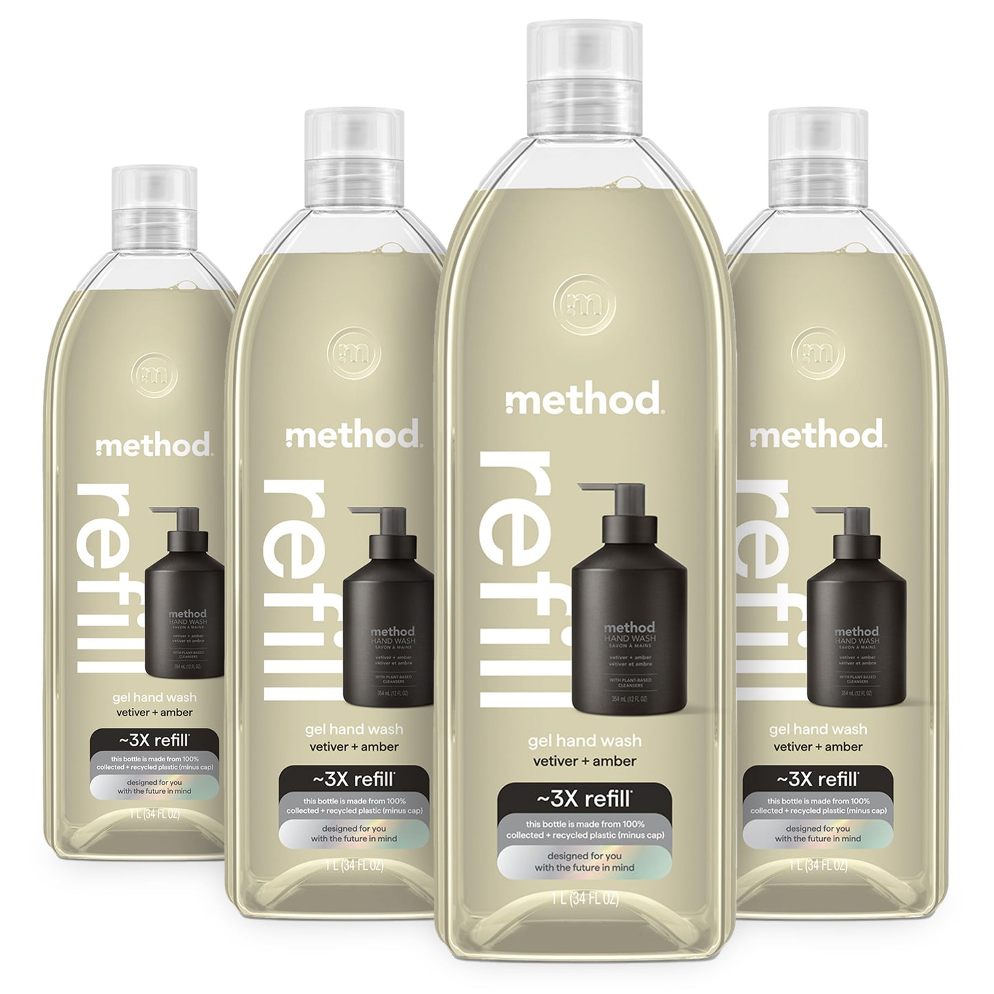 Method Premium Gel Hand Wash Refill — Vetiver + Amber, 4 x 28oz Refills, Recyclable Bottles