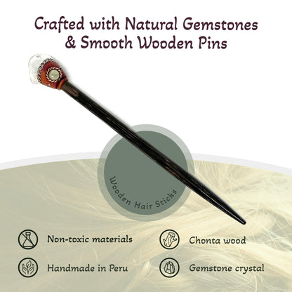 Mia Jewel Shop - Natural Tumbled Clear Quartz Gemstone Hair Sticks | Handmade Chonta Wood Hair Pins for Women, Boho Reiki Accessories