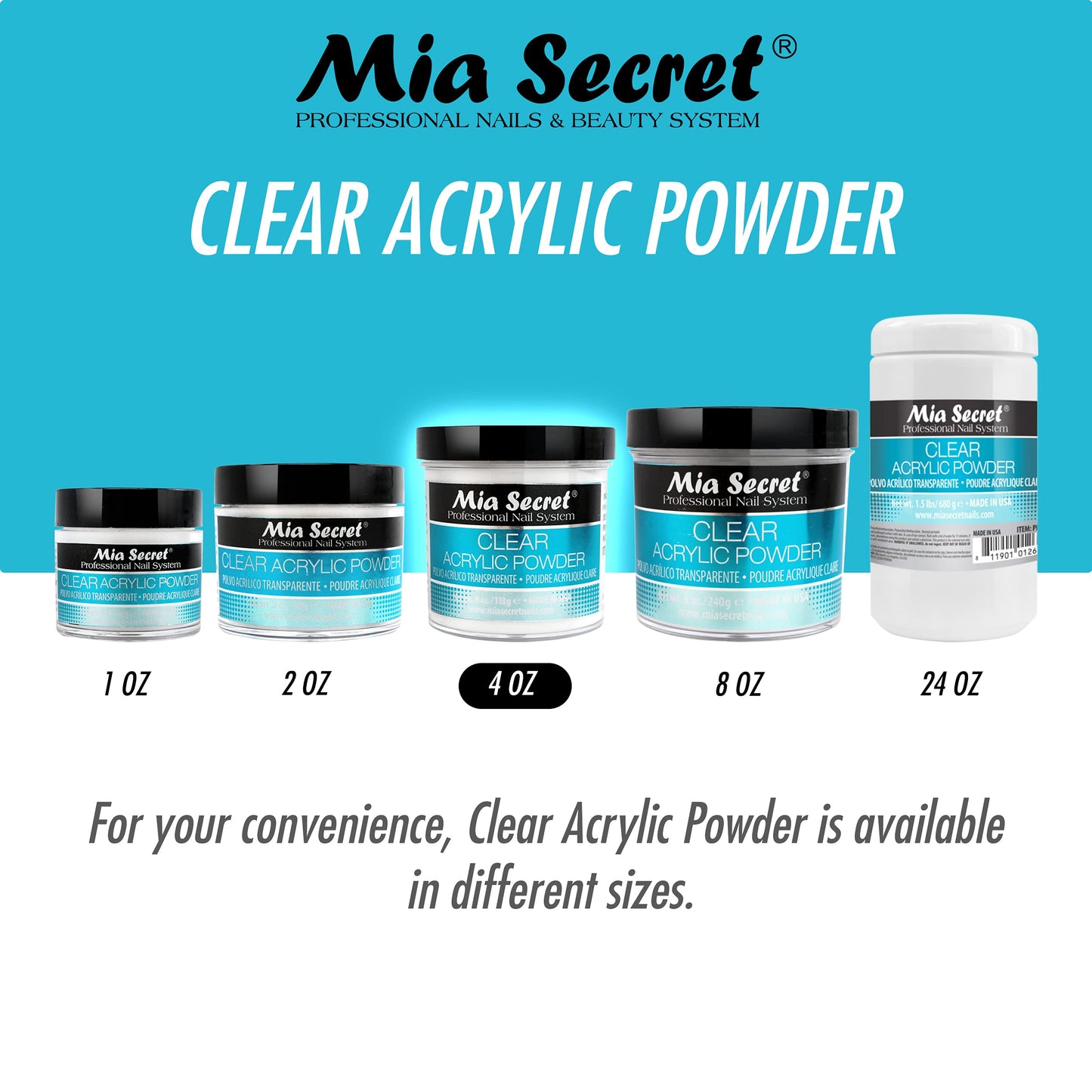 Mia Secret Clear Acrylic Powder 4oz – Self-Leveling, Non-Yellowing Formula for Superior Adhesion
