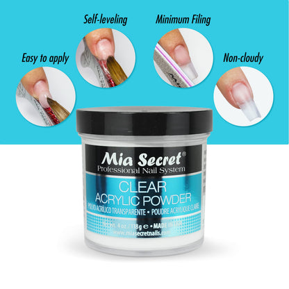 Mia Secret Clear Acrylic Powder 4oz – Self-Leveling, Non-Yellowing Formula for Superior Adhesion