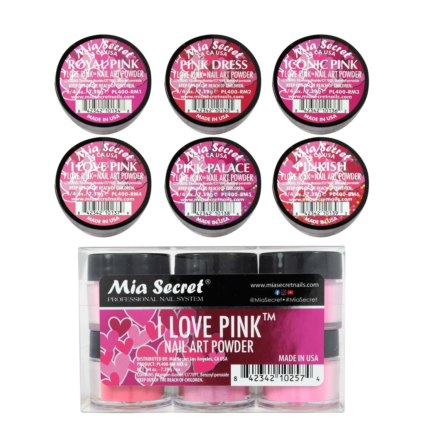 Mia Secret I Love Pink 6-Piece Colored Acrylic Nail Powder Collection | 6PC